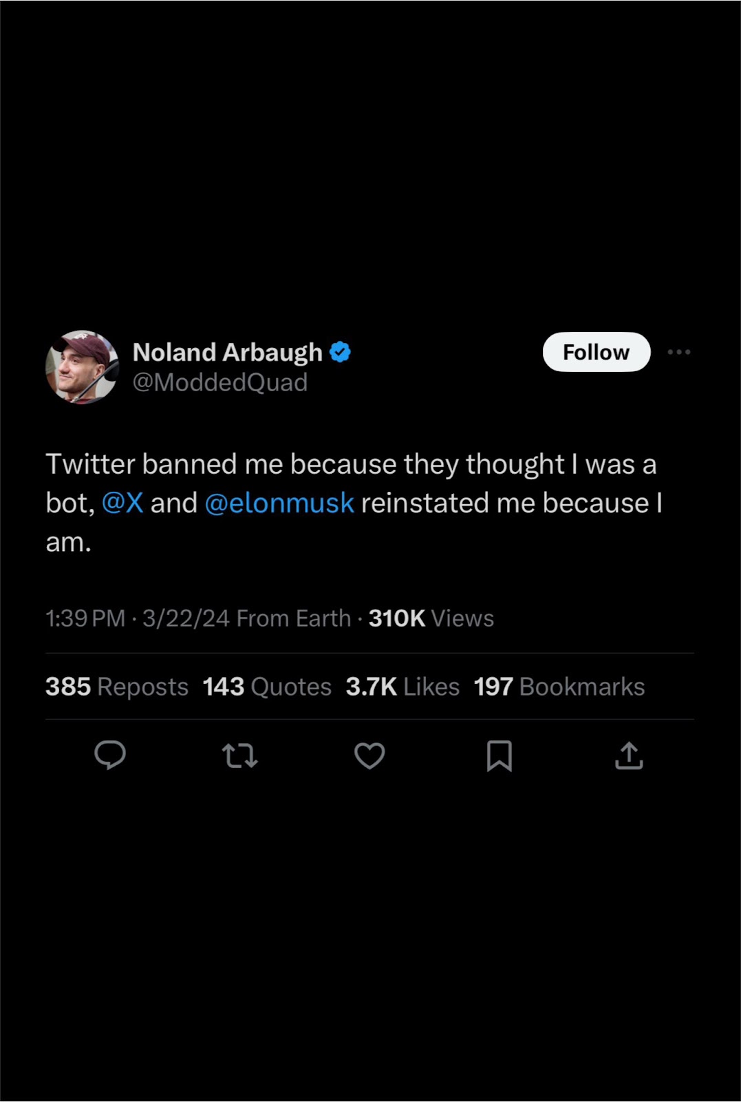 PHOTO Noland Arbaugh banned from Twitter because they thought he