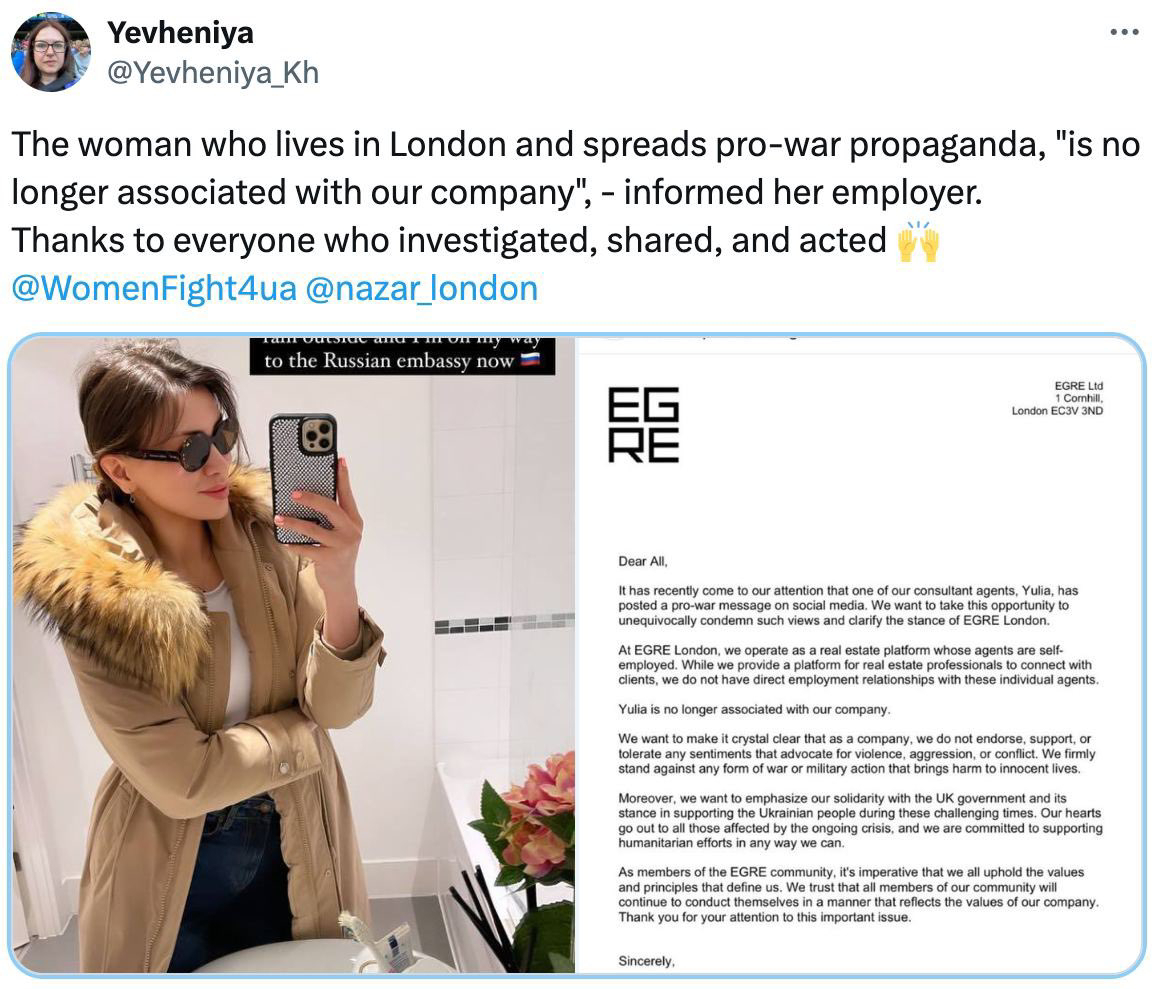 PHOTO Outrage as UK company Egre London sacked Yulia Vorobieva