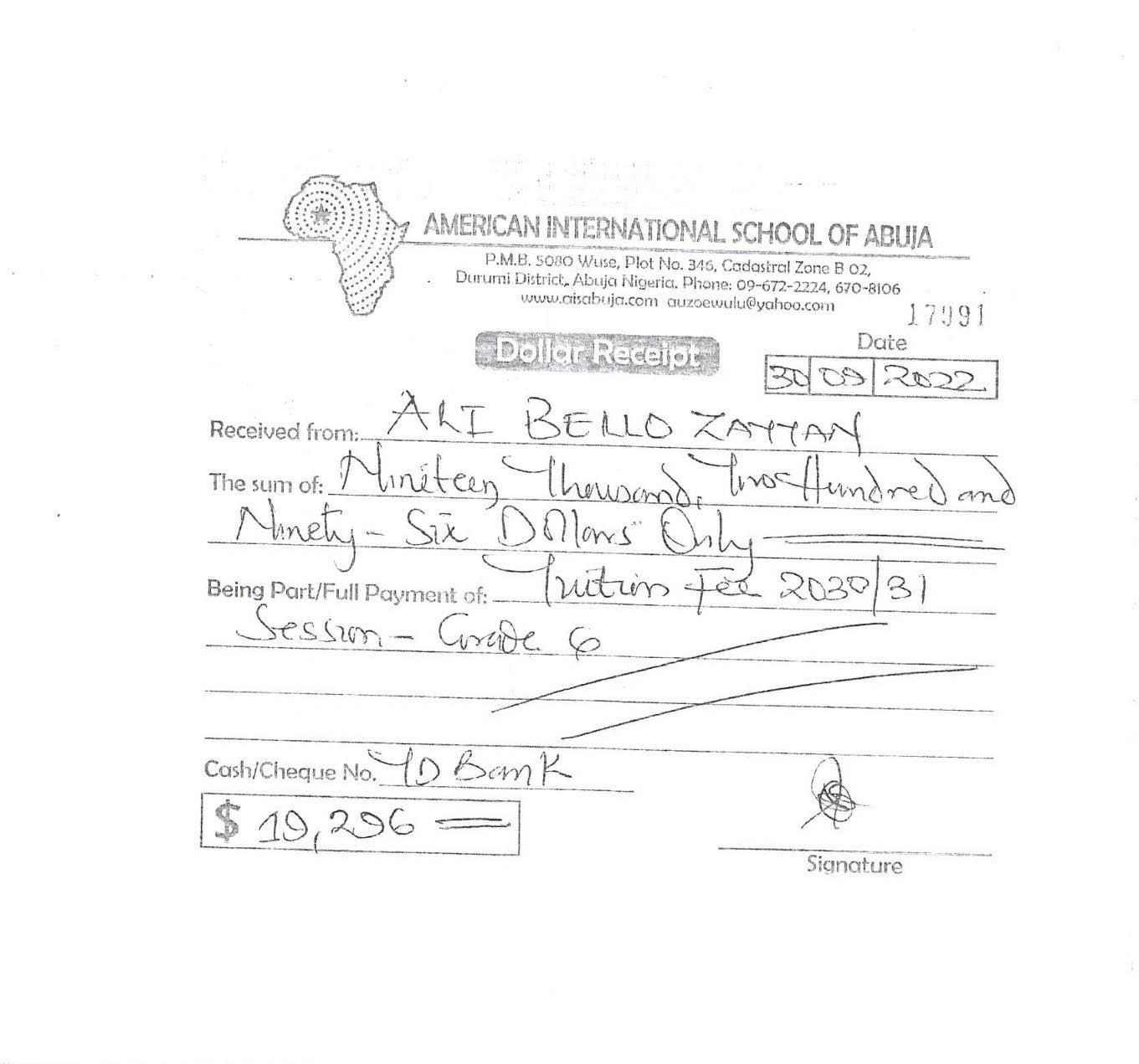 CHILDREN RECEIPTS Yahaya Bello paid 21470 and 19296 for his