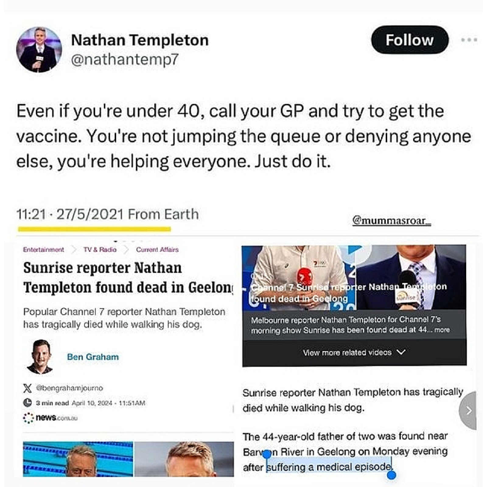 HOT Nathan Templeton encouraged under 40 Australians to get Covid 19