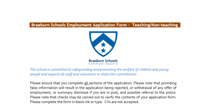 Braeburn Schools Employment Application Form –  Teaching/Non-teaching