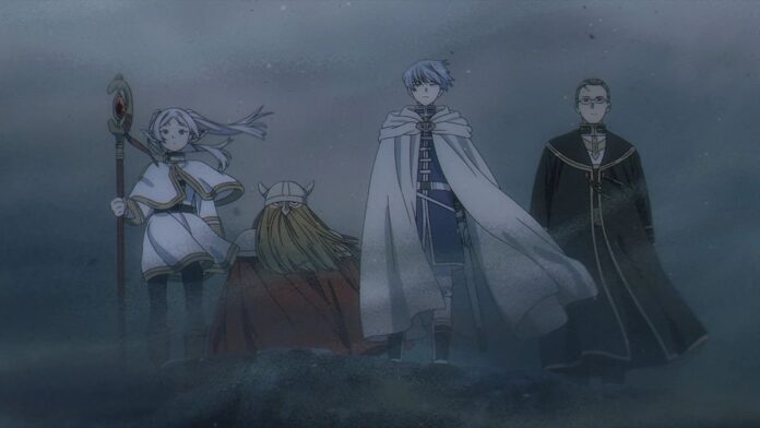 A group of four figures stand in the mist: a small white-haired elven mage, a stocky dwarven man, a blue-haired hero in a flowing cape, and a priest in black robes.