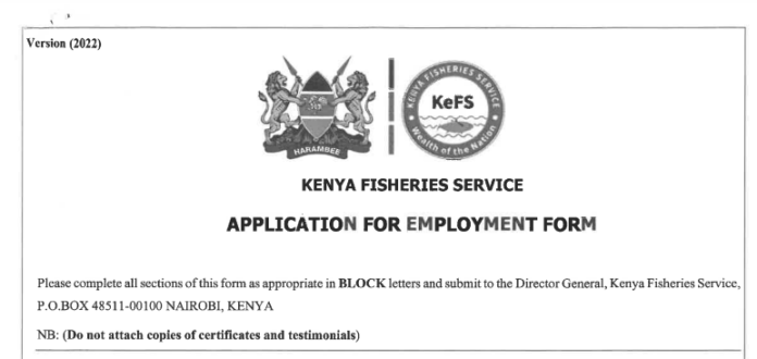 Kenya Fisheries Service Application For Employment Form