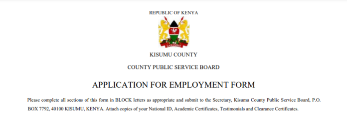 Kisumu County : Application for Employment Form
