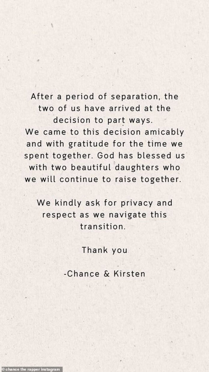 Chance the Rapper released a statement on his Instagram Stories announcing his divorce from Kirsten Corley